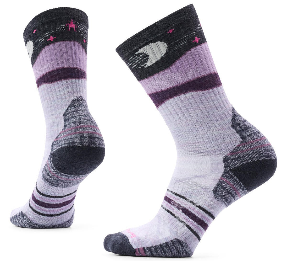 A pair of mid-calf athletic socks featuring a color palette of light purple, dark grey, and white, with a crescent moon and star pattern at the top cuff and ribbed texture along the midfoot and ankle.
