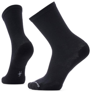 A pair of black mid-calf socks shown from two different angles, featuring a small grey Smartwool logo on the ankle and toe.