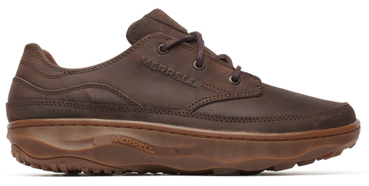 A brown, low-rise, lace-up shoe with 'MERRELL' printed on the side.