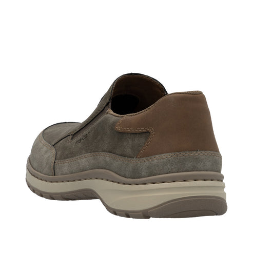 Taupe slip-on shoe with brown heel and light tan sole.