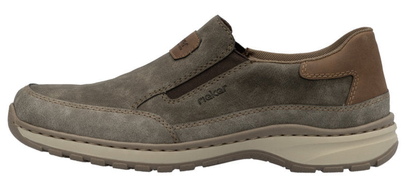Slip-on casual shoe with a neutral brown suede upper, elasticated side panels, and a beige sole.