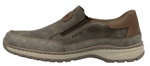 Slip-on casual shoe with a neutral brown suede upper, elasticated side panels, and a beige sole.