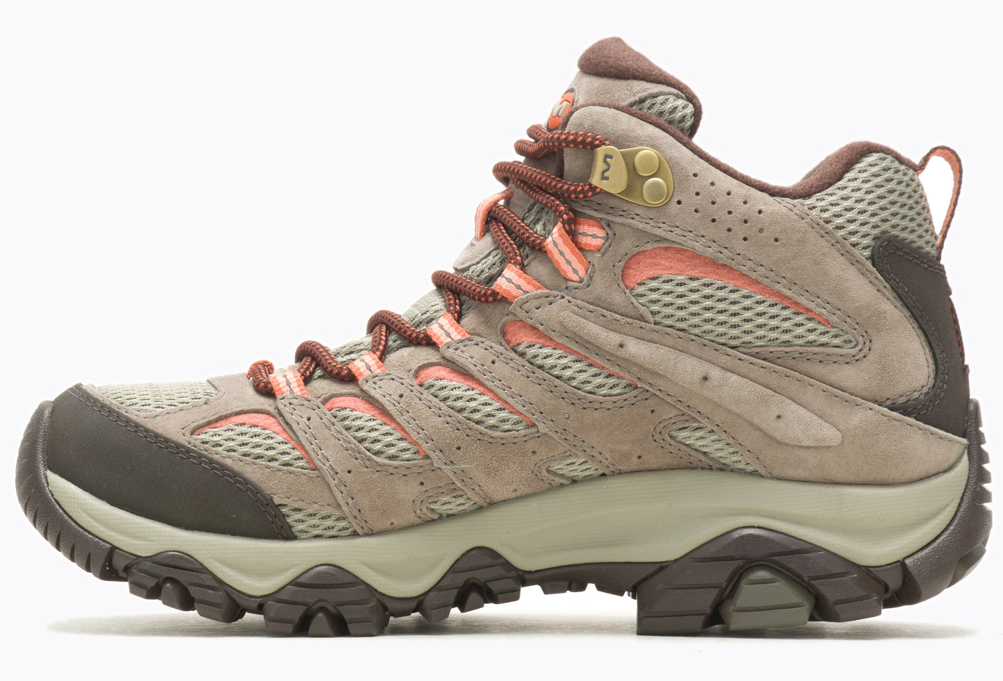 Tan and brown hiking boot with orange accents.