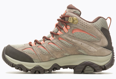 Tan and brown hiking boot with orange accents.