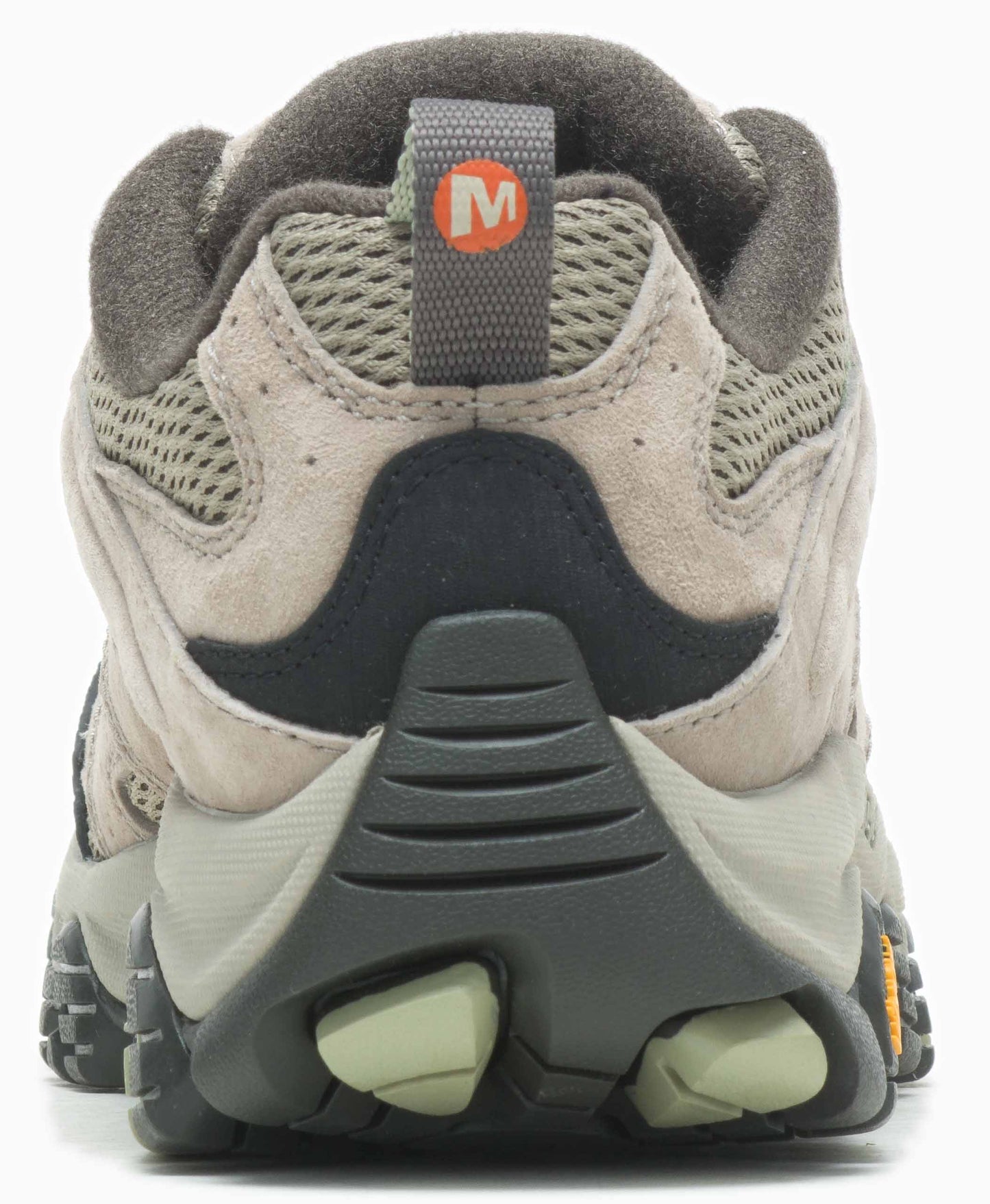 Rear view of a tan hiking shoe with visible gray mesh and black accents, featuring a gray pull tab with a red 'M' logo.