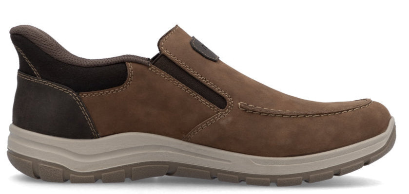 A brown leather slip-on shoe with a brown elastic band.