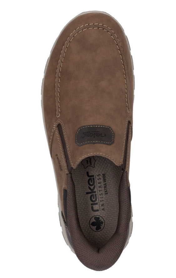Top-down view of a brown slip-on shoe with an EXTRA WEIT text visible on the insole.