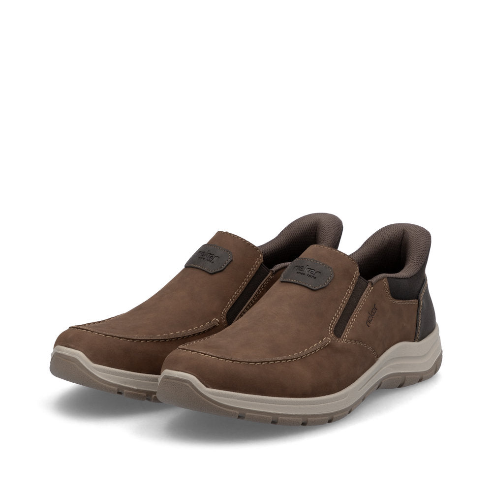Pair of brown slip-on shoes with dark brown accents.