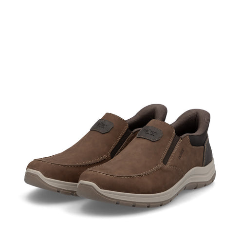 Pair of brown slip-on shoes with dark brown accents.
