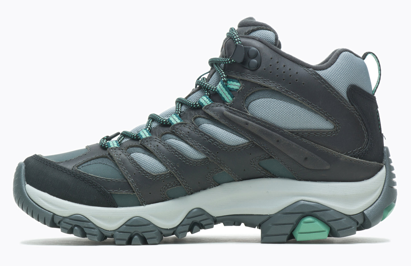 Side view of hiking boot with gray and black leather and teal laces and sole accents.