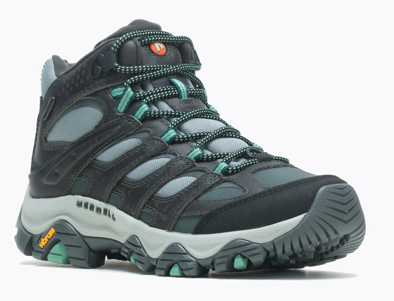 High top black and gray hiking boot with aqua green accents and laces.