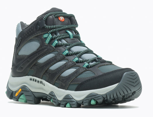 High top black and gray hiking boot with aqua green accents and laces.