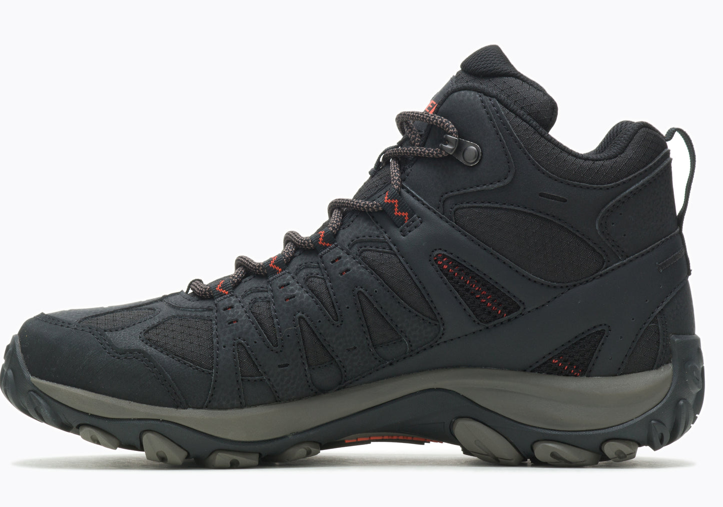 Black hiking boot with orange accents, featuring a mid-height design, lace-up closure, and rugged outsole.