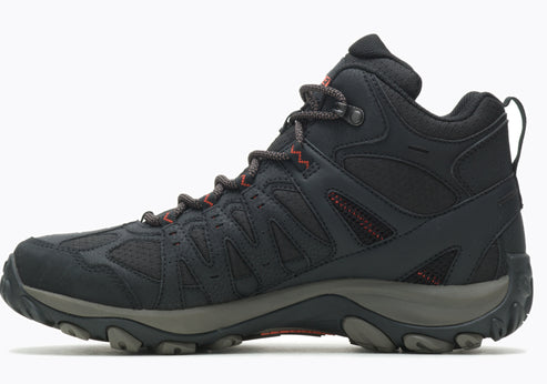 Black hiking boot with orange accents, featuring a mid-height design, lace-up closure, and rugged outsole.