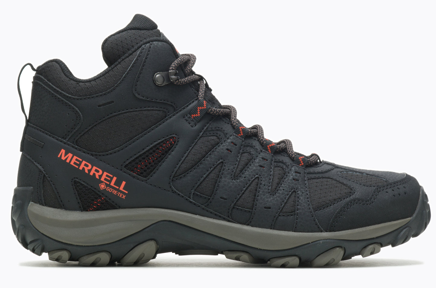Black hiking boot with gray sole and red accents, with the word "MERRELL" on the side.