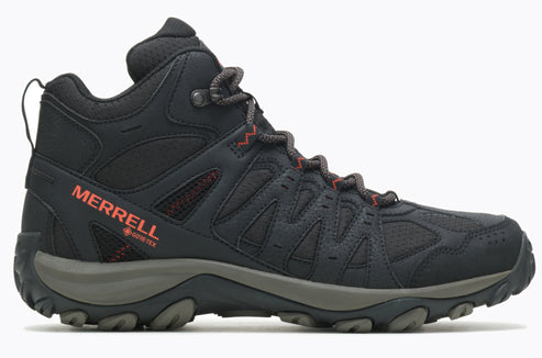 Black hiking boot with gray sole and red accents, with the word "MERRELL" on the side.