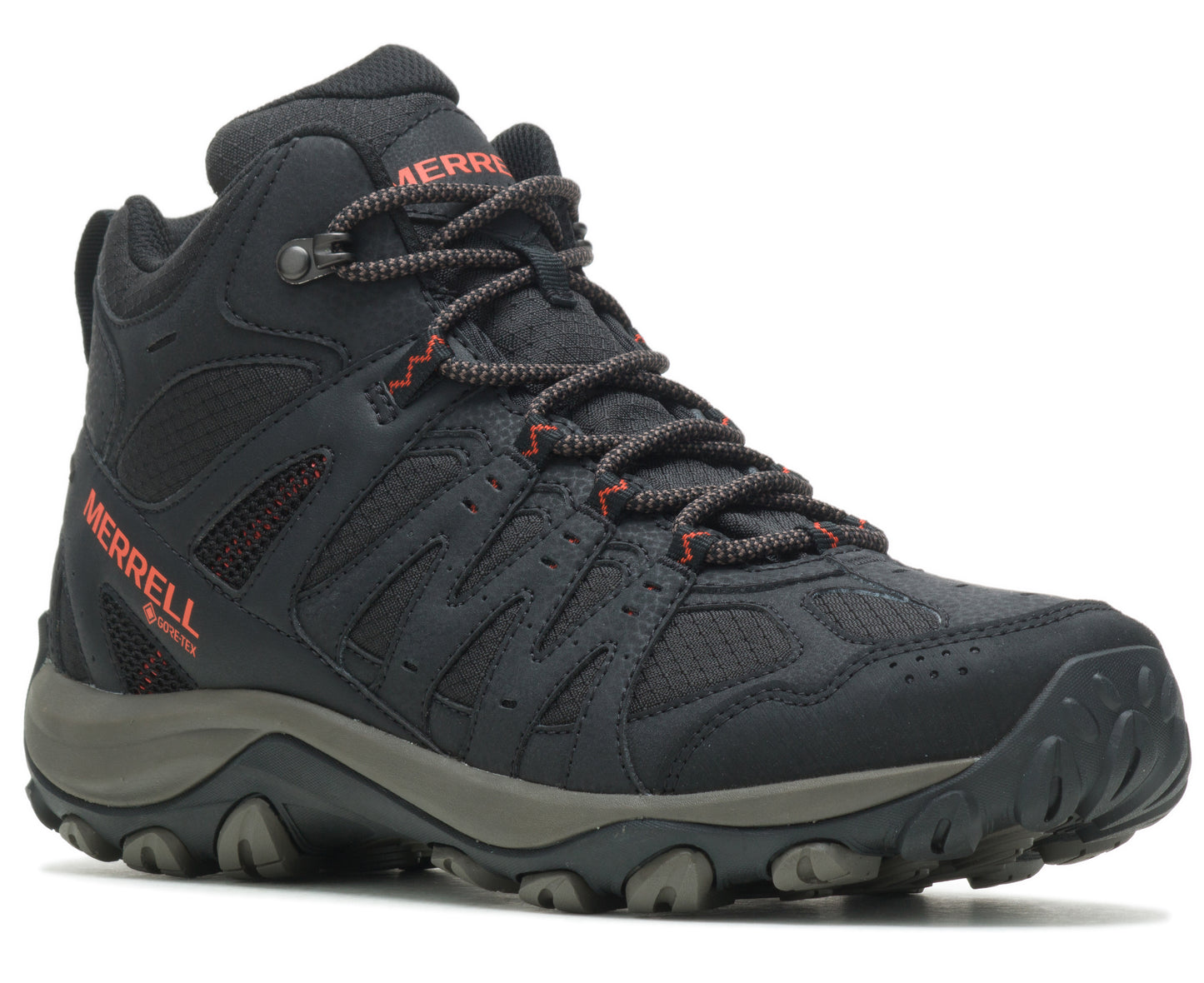Black hiking boot with red accents, high top, lace-up closure.