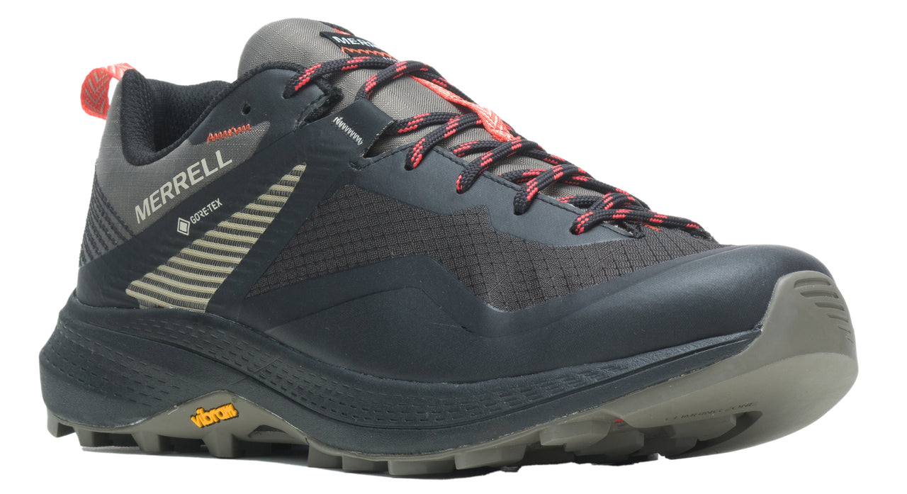 Low-top hiking shoe in gray, black, and coral featuring Gore-Tex and Vibram logo.