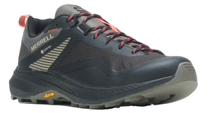 Low-top hiking shoe in gray, black, and coral featuring Gore-Tex and Vibram logo.