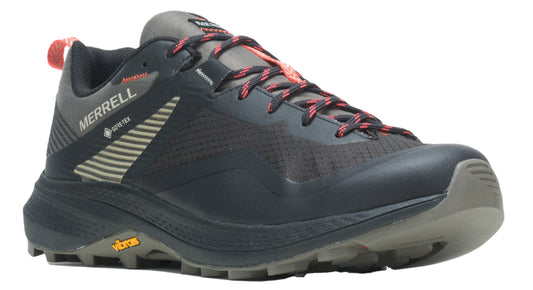 Low-top hiking shoe in gray, black, and coral featuring Gore-Tex and Vibram logo.