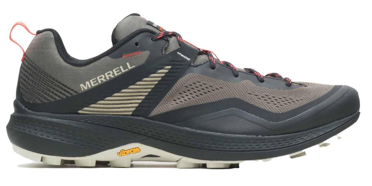 A grey and black athletic shoe with red laces and a Vibram sole.