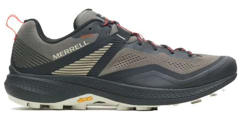 A grey and black athletic shoe with red laces and a Vibram sole.