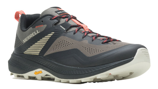 A low-top trail running shoe in shades of gray and black with coral laces and heel pull.