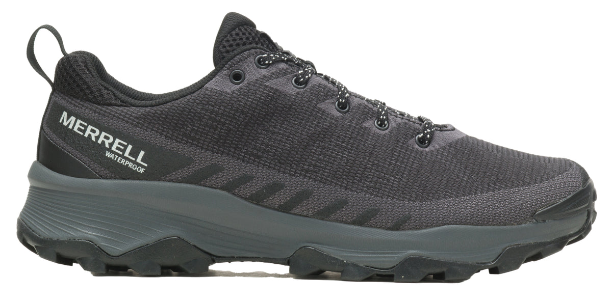 A dark gray athletic shoe with black laces.