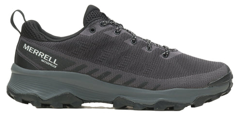 A dark gray athletic shoe with black laces.