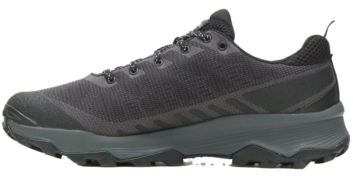 Side view of dark gray running shoe with textured laces and treaded sole.