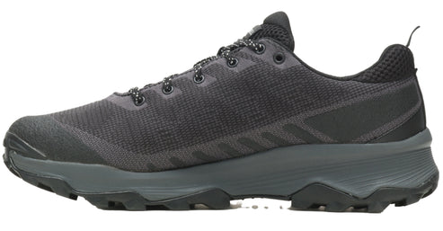 Side view of dark gray running shoe with textured laces and treaded sole.