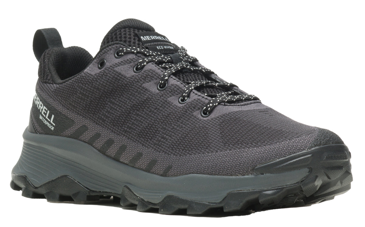 Black waterproof hiking shoe with geometric patterned sole.