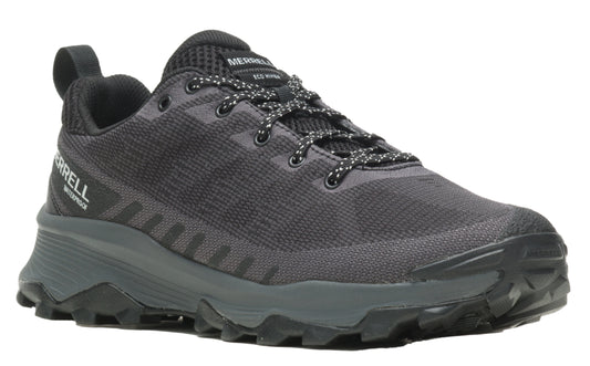 Black waterproof hiking shoe with geometric patterned sole.