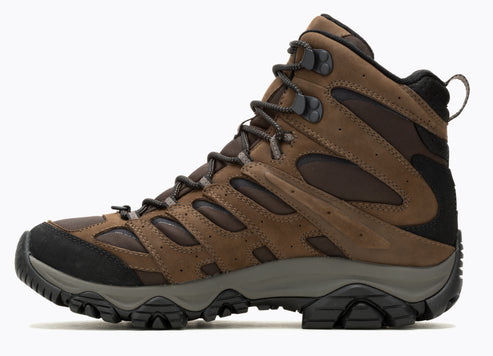 Side view of a brown hiking boot with laces and a rugged sole.