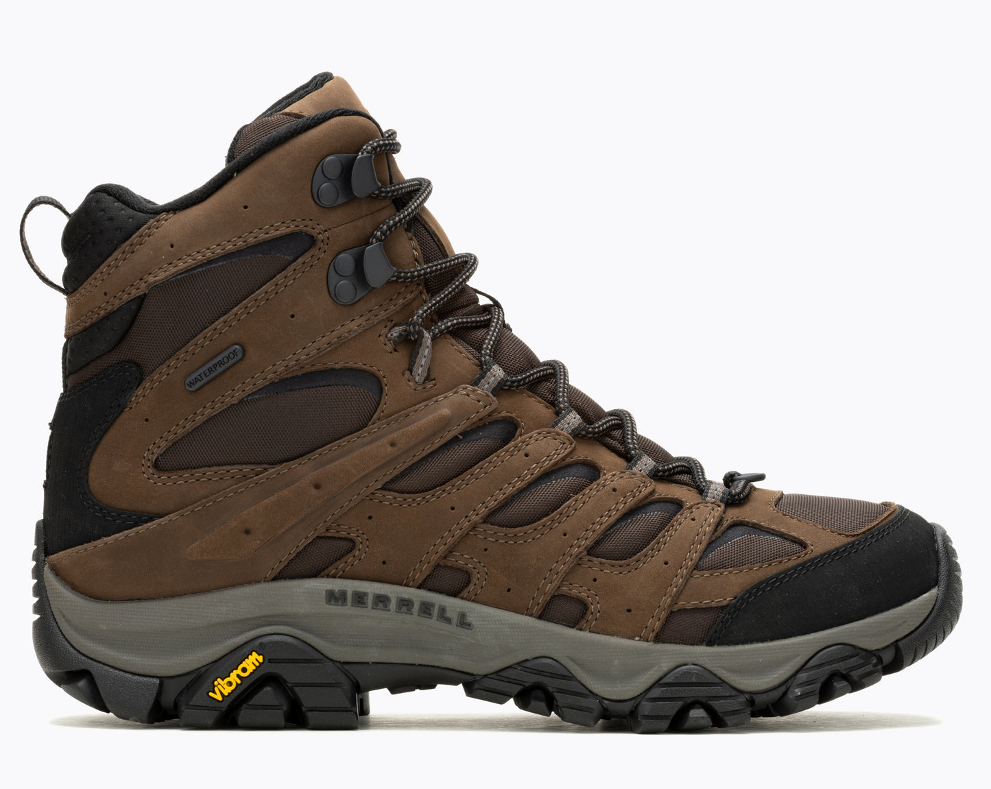 Brown waterproof hiking boot with black accents and a Vibram sole.
