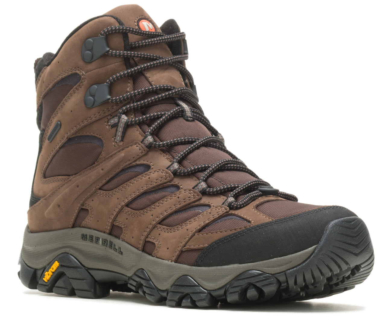 Brown hiking boot with black accents and Vibram sole.