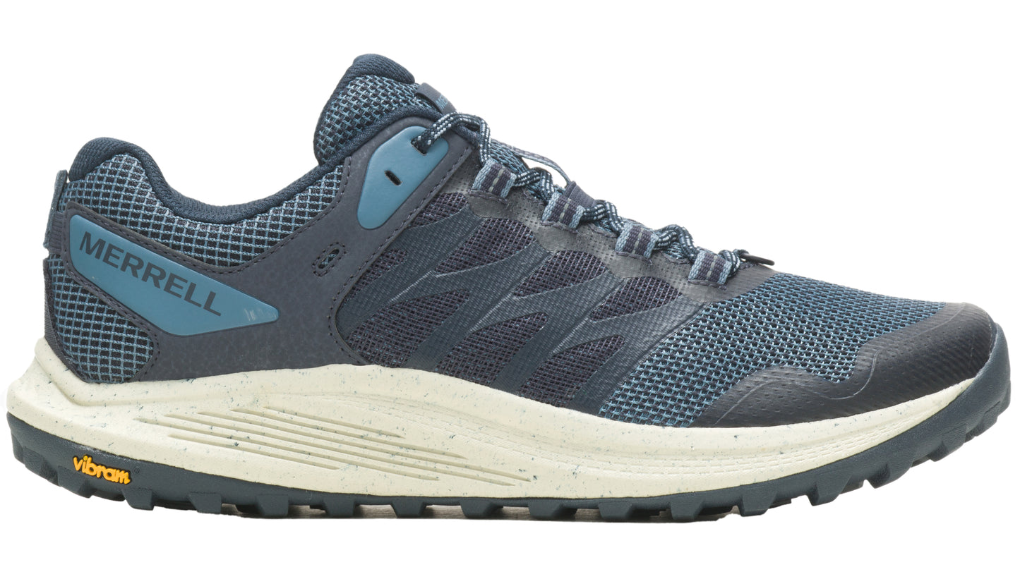 Blue athletic shoe with a light-colored sole and the word "MERRELL" on the side.