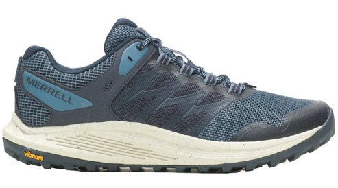 Blue athletic shoe with a light-colored sole and the word "MERRELL" on the side.