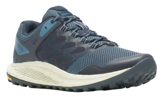 A navy blue athletic shoe with a light colored sole, seen from the side.