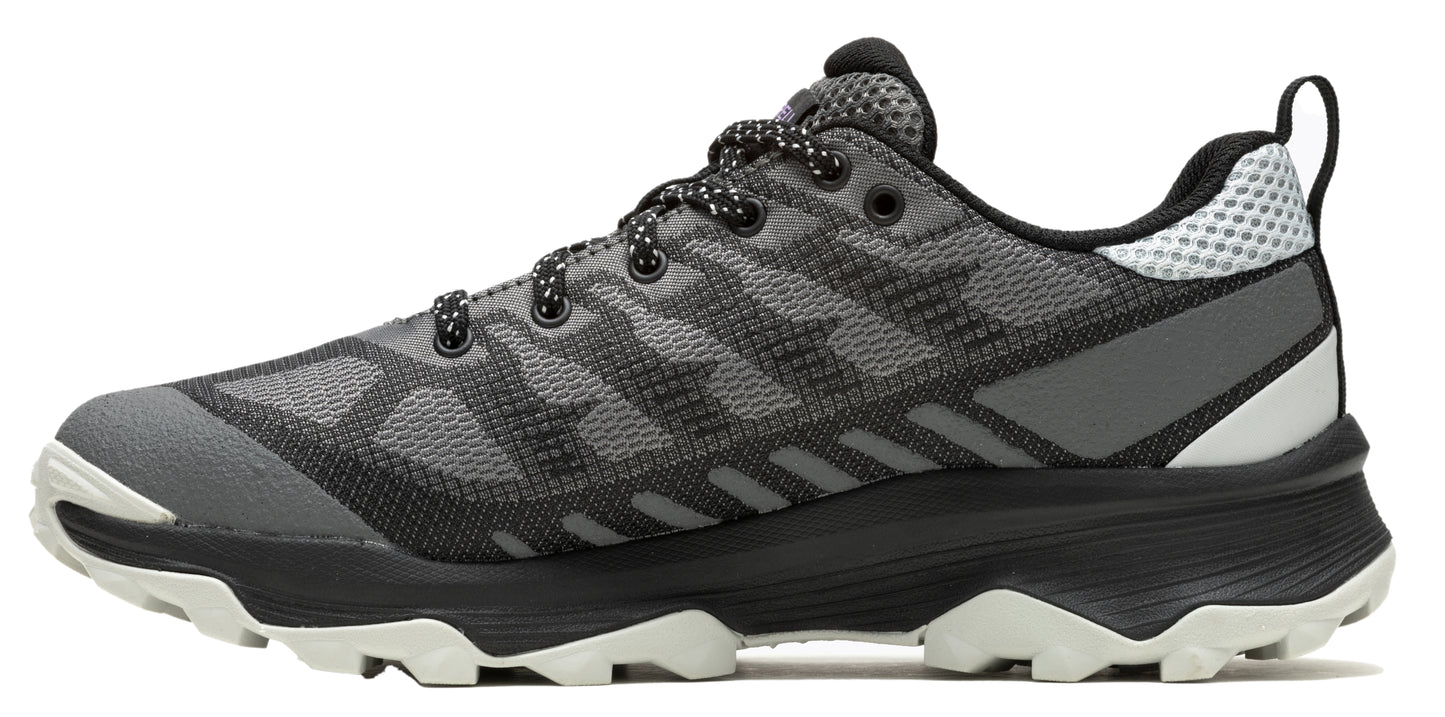 Low-rise athletic shoe with gray mesh upper and black and white sole.