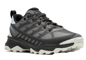 A gray running shoe with speckled laces and a thick black and light gray sole.