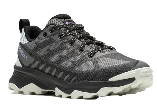 A gray running shoe with speckled laces and a thick black and light gray sole.