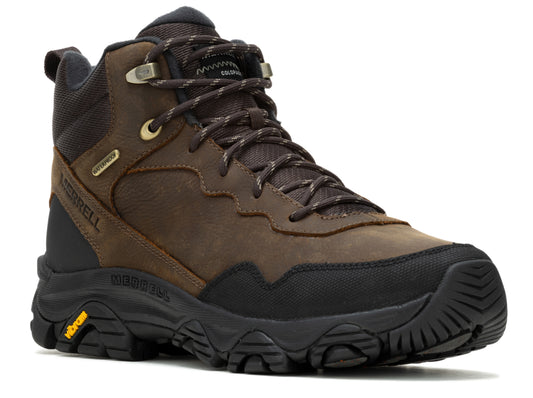 Brown leather hiking boot with black sole and waterproof label.
