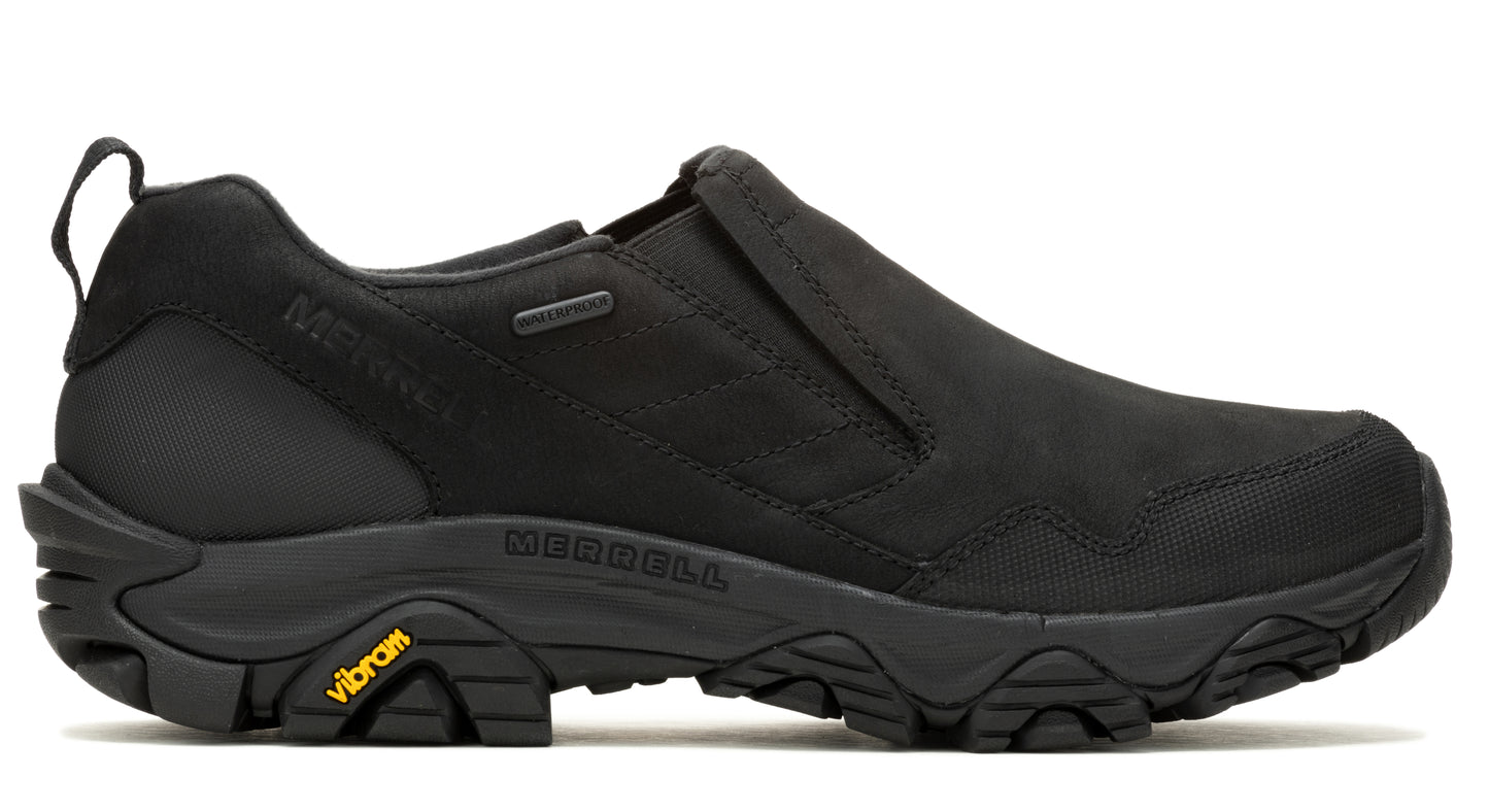 Slip-on shoe, black with vibram soles, pull tab and elastic top.