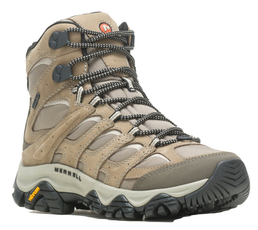 Hiking boot in earth tones, with a high ankle and black and white laces