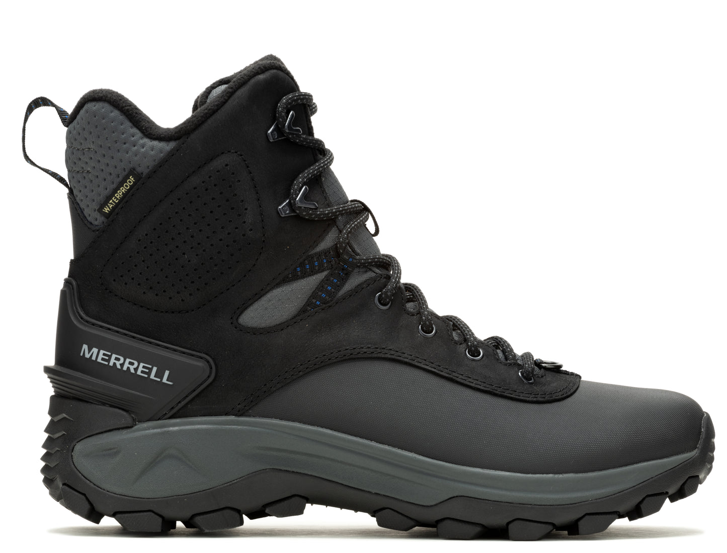Black hiking boot with 'MERRELL' on the side.