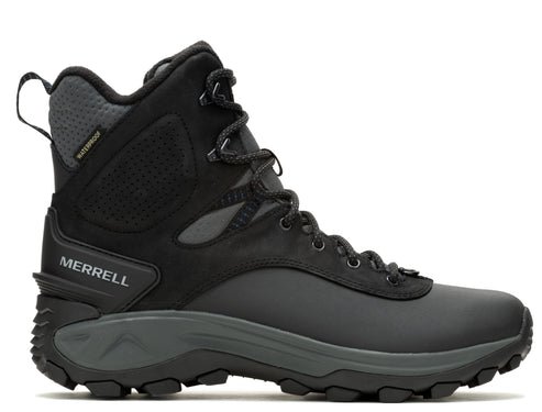 Black hiking boot with 'MERRELL' on the side.