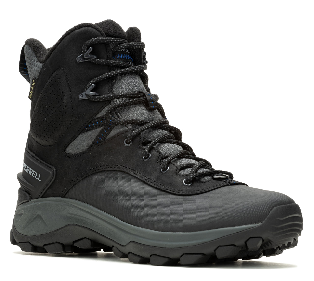Black high-top hiking boot with laces and a heavily lugged sole.