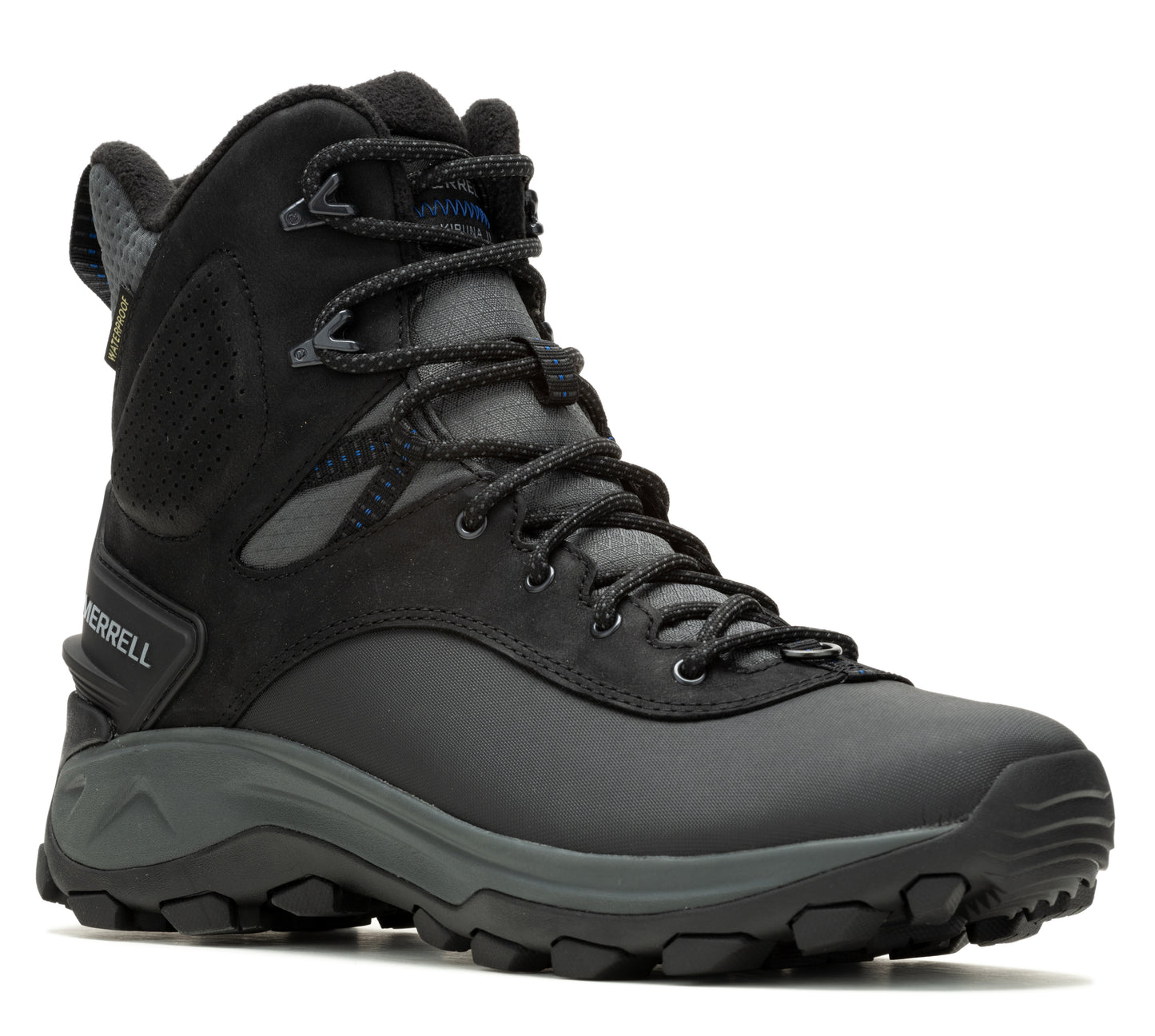 Black high-top hiking boot with laces and a heavily lugged sole.