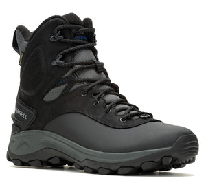 Black high-top hiking boot with laces and a heavily lugged sole.